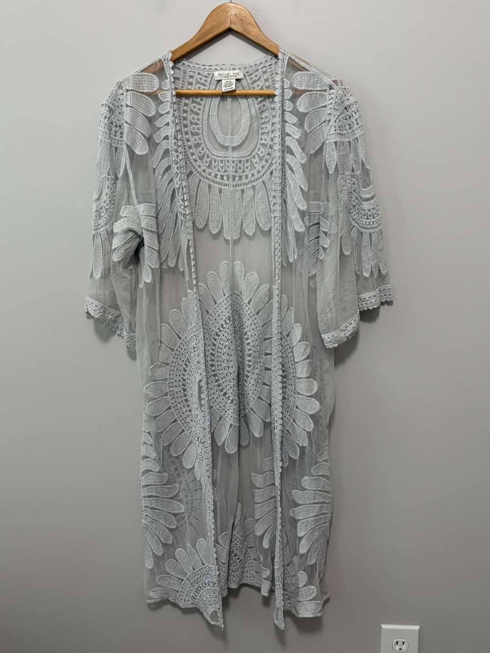 Boho Hippie Indie Sheer Gray Blue Festival Lace Open-Front Duster Kimono